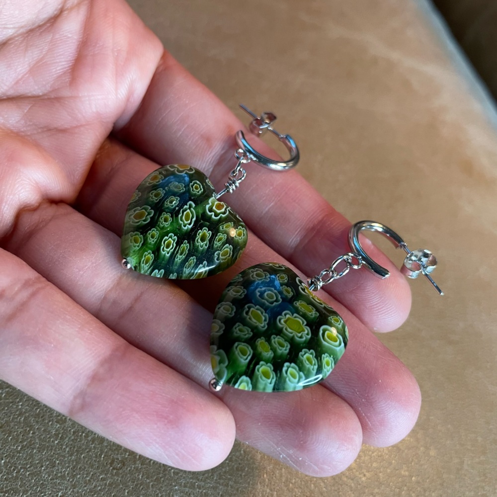 💚 Green heart Italian Millefiori floral earrings green silver - Picture 3 of 8